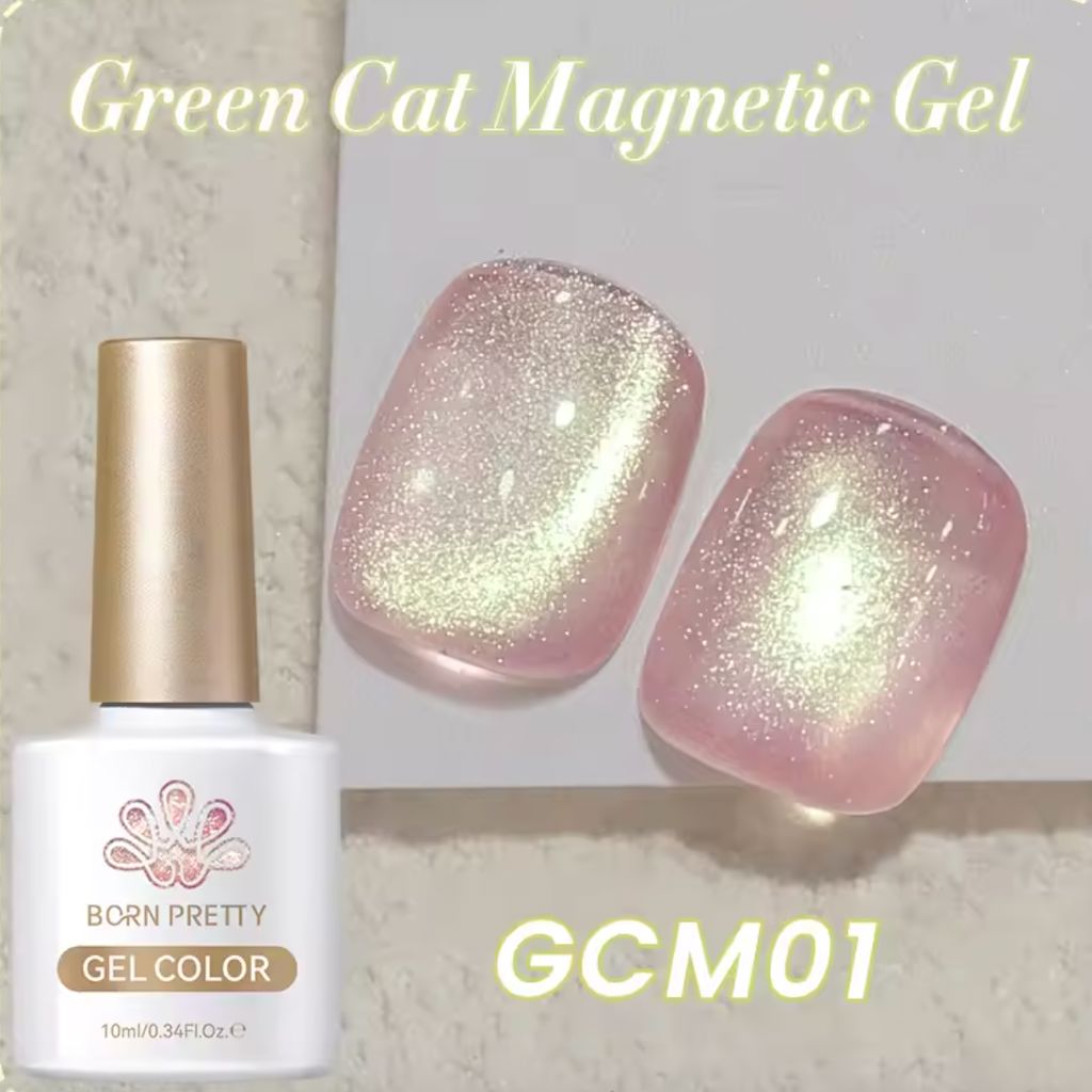 Born Pretty green cat eye magnetic gel polish GCM01, shimmering cat-eye effect swatch nails with bottle