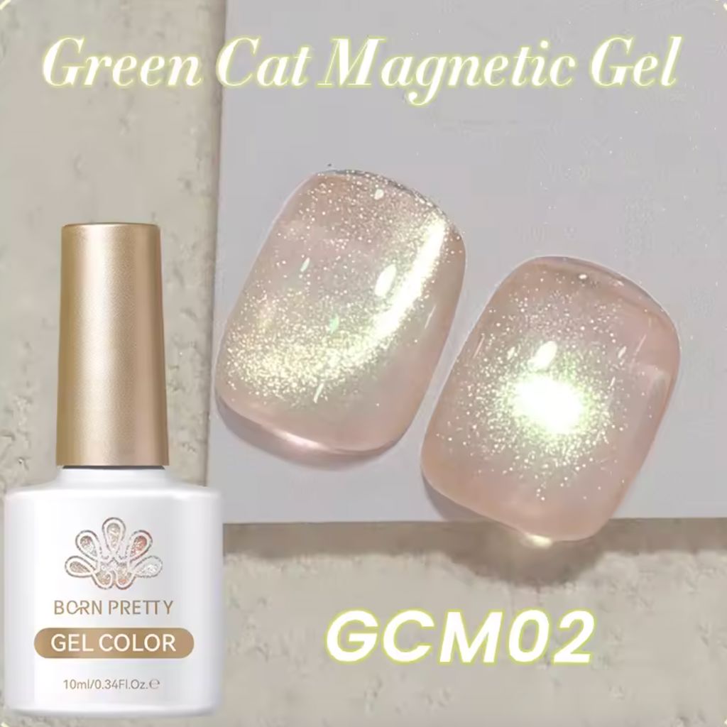 Born Pretty Green Cat Eye Magnetic Gel Polish GCM02 – nude base with green shimmer cat-eye effect, 10ml bottle and nail swatches
