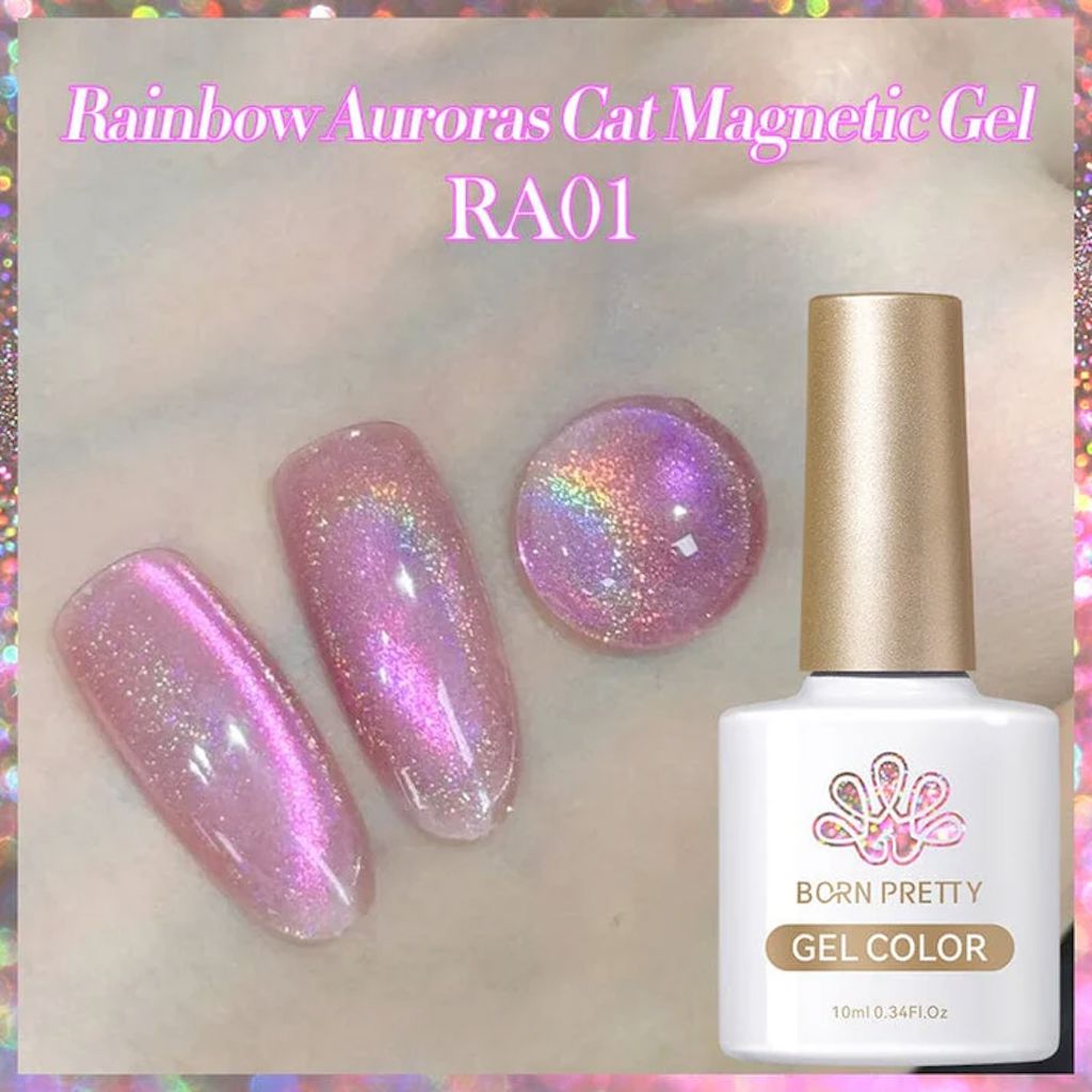 Born Pretty Rainbow Auroras Cat Eye Magnetic Gel Polish RA01 – pink-purple holographic shimmer, 10ml bottle with nail swatches