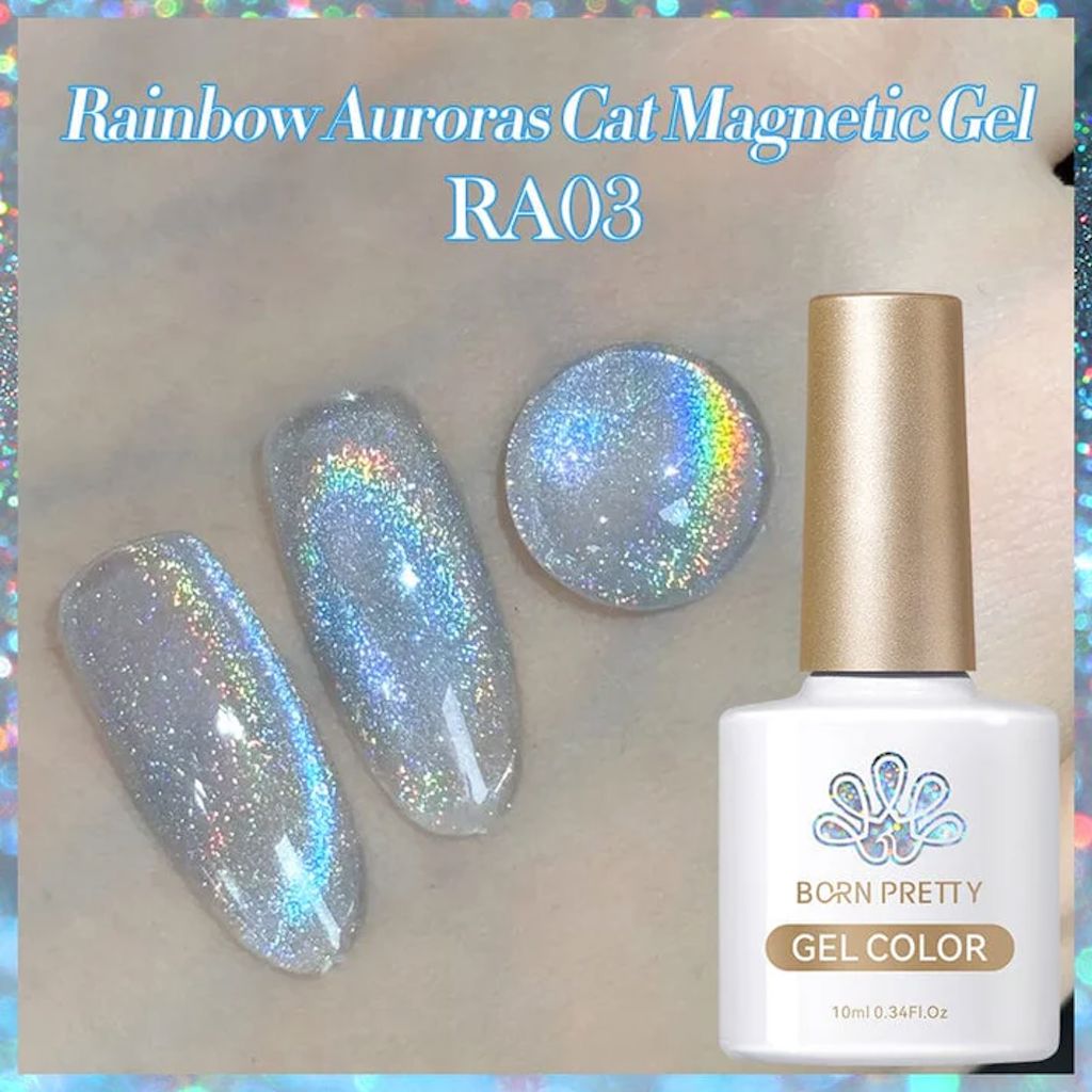 Born Pretty Gel Color ‘Rainbow Auroras Cat Magnetic Gel’ shade RA03 with two nail swatches and a round swatch showing silver holographic cat-eye shimmer