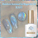 Born Pretty Gel Color ‘Rainbow Auroras Cat Magnetic Gel’ shade RA03 with two nail swatches and a round swatch showing silver holographic cat-eye shimmer