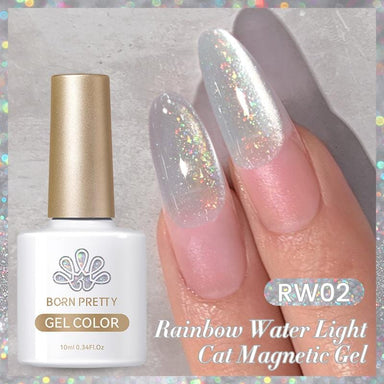 Born Pretty Rainbow Water Light Cat Eye Magnetic Gel Polish RW02 – iridescent holographic shimmer cat eye gel, 10ml bottle with nail swatch