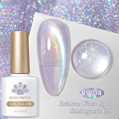 Born Pretty RW04 Rainbow Water Light cat eye magnetic gel polish – holographic lilac shimmer swatch and bottle, 10ml