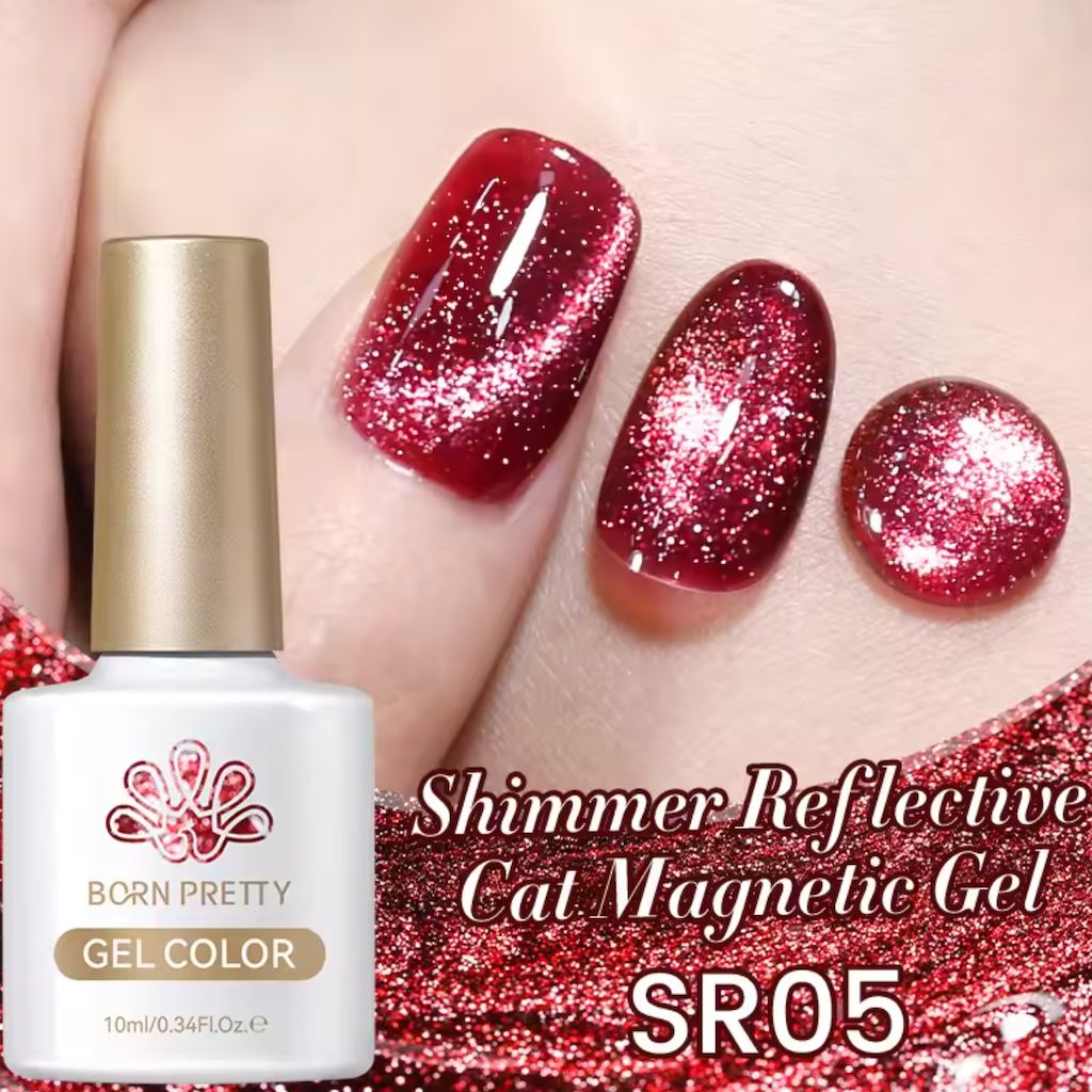 Born Pretty shimmer reflective cat magnetic gel polish SR05, red glitter cat-eye effect swatch nails with bottle