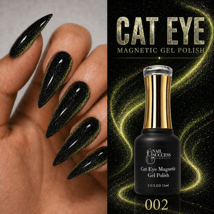 Cat eye magnetic gel polish 002 with black and olive green shimmer effect on long stiletto nails and matching gel polish bottle