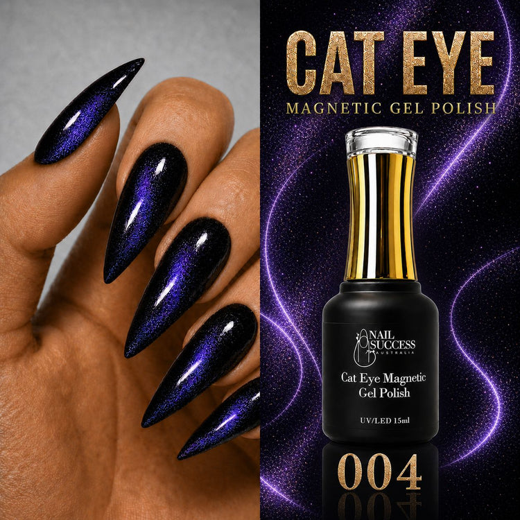 Nail Success Australia Cat Eye Magnetic Gel Polish 004 with purple blue shimmer stiletto nails and bottle