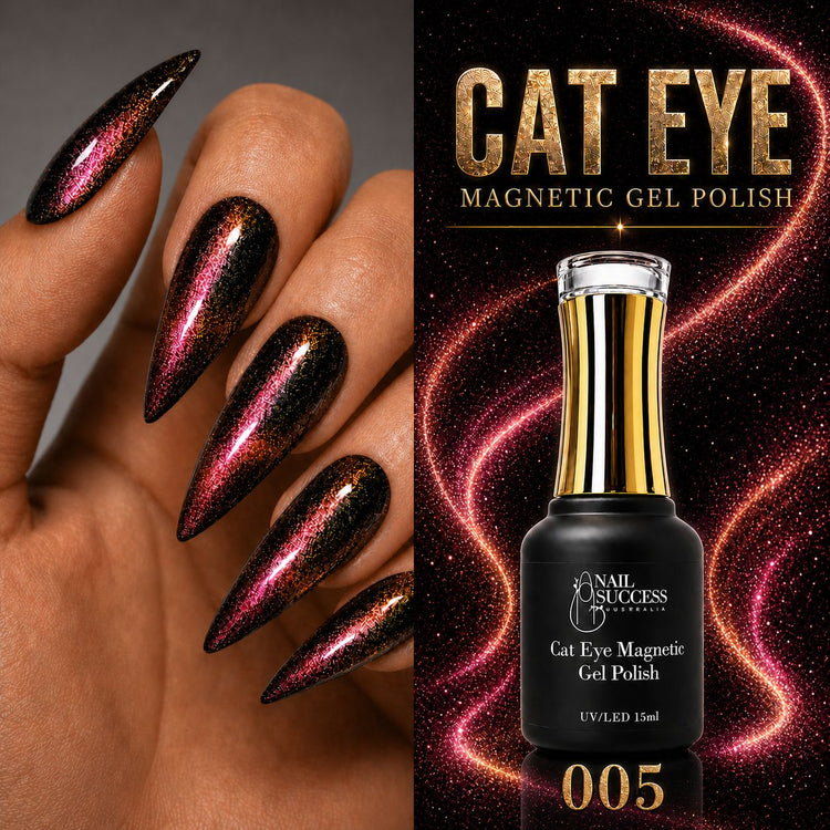 Nail Success Australia Cat Eye Magnetic Gel Polish 005 with pink copper shimmer stiletto nails and bottle