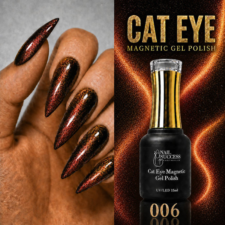 Nail Success Australia Cat Eye Magnetic Gel Polish 006 with orange copper shimmer stiletto nails and bottle