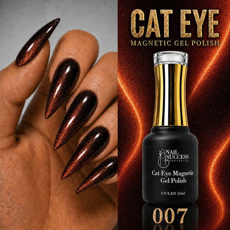 Nail Success Australia Cat Eye Magnetic Gel Polish 007 with orange bronze shimmer stiletto nails and bottle