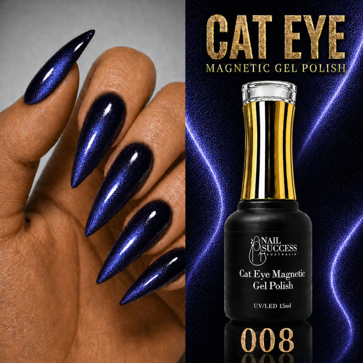 Nail Success Australia Cat Eye Magnetic Gel Polish 008 with blue shimmer stiletto nails and bottle