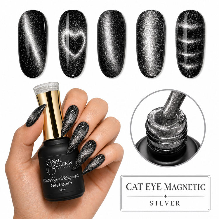 Cat eye magnetic gel polish in Silver shown with five magnet-effect nail swatches, a hand holding the bottle, matching black shimmer stiletto nails, and a close-up of the glitter polish brush