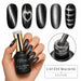 Cat eye magnetic gel polish in Silver shown with five magnet-effect nail swatches, a hand holding the bottle, matching black shimmer stiletto nails, and a close-up of the glitter polish brush