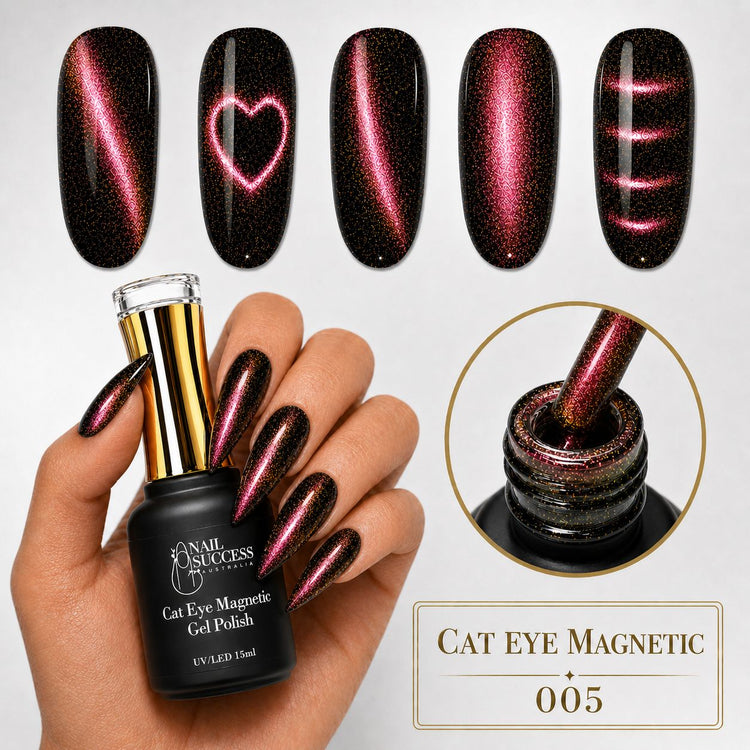 Nail Success Australia Cat Eye Magnetic Gel Polish 005 with pink copper magnetic shimmer swatches, brush, and bottle