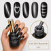 Cat eye magnetic gel polish 001 with silver shimmer, magnetic effect swatches, brush close-up, and matching black stiletto nail design