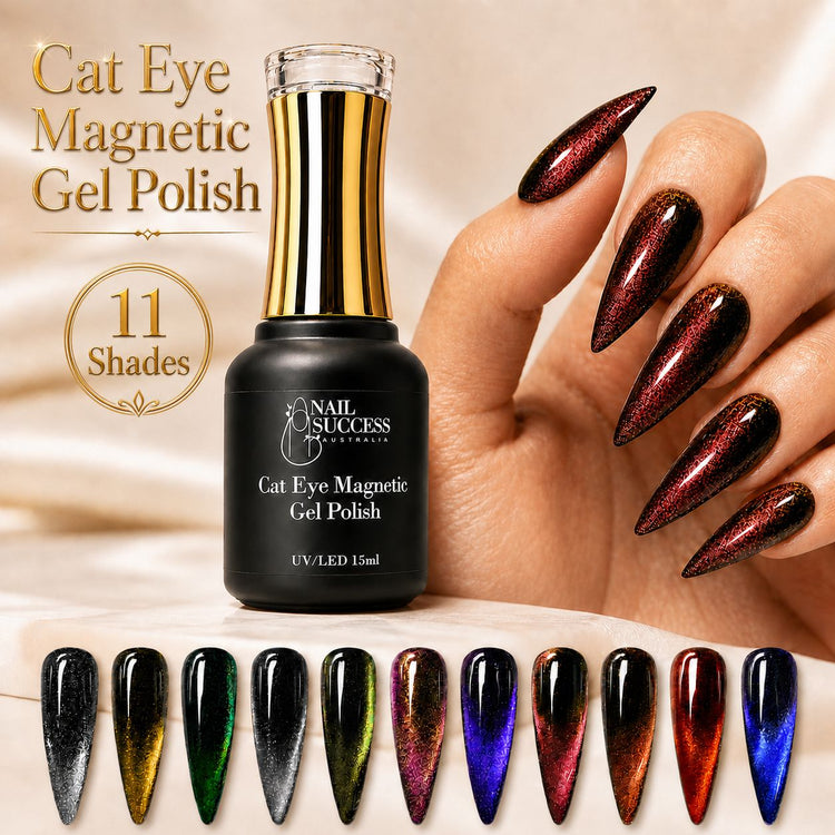 Nail Success Australia Cat Eye Magnetic Gel Polish 11 shade collection with bottle, shimmer swatches, and stiletto nails