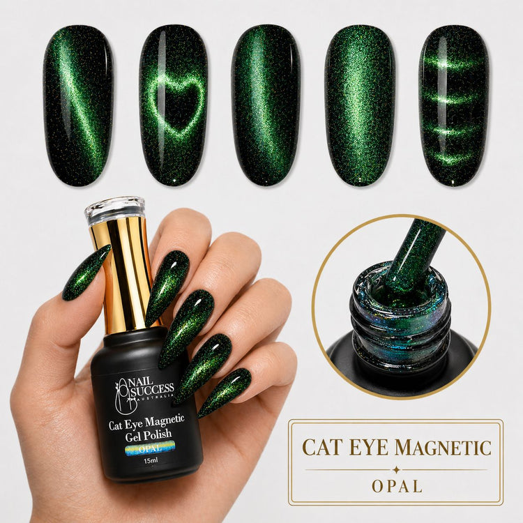 Cat eye magnetic gel polish in Opal shown with five magnet-effect swatches, a hand holding the bottle, matching black-and-green stiletto nails, and a close-up of the shimmer polish brush
