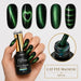 Cat eye magnetic gel polish in Opal shown with five magnet-effect swatches, a hand holding the bottle, matching black-and-green stiletto nails, and a close-up of the shimmer polish brush
