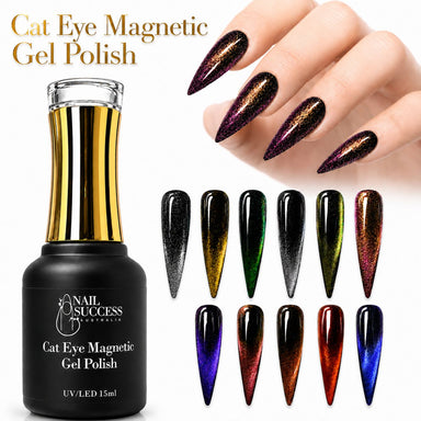 Nail Success Australia Cat Eye Magnetic Gel Polish with 11 magnetic shimmer shades, bottle, swatches, and stiletto nails
