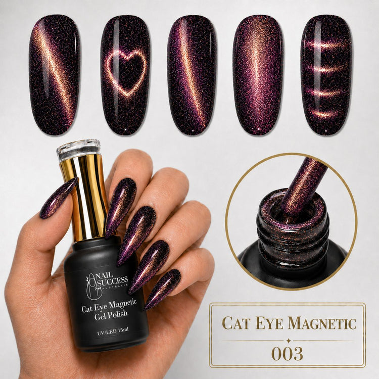 Nail Success Australia Cat Eye Magnetic Gel Polish 003 with purple gold shimmer nail swatches and bottle