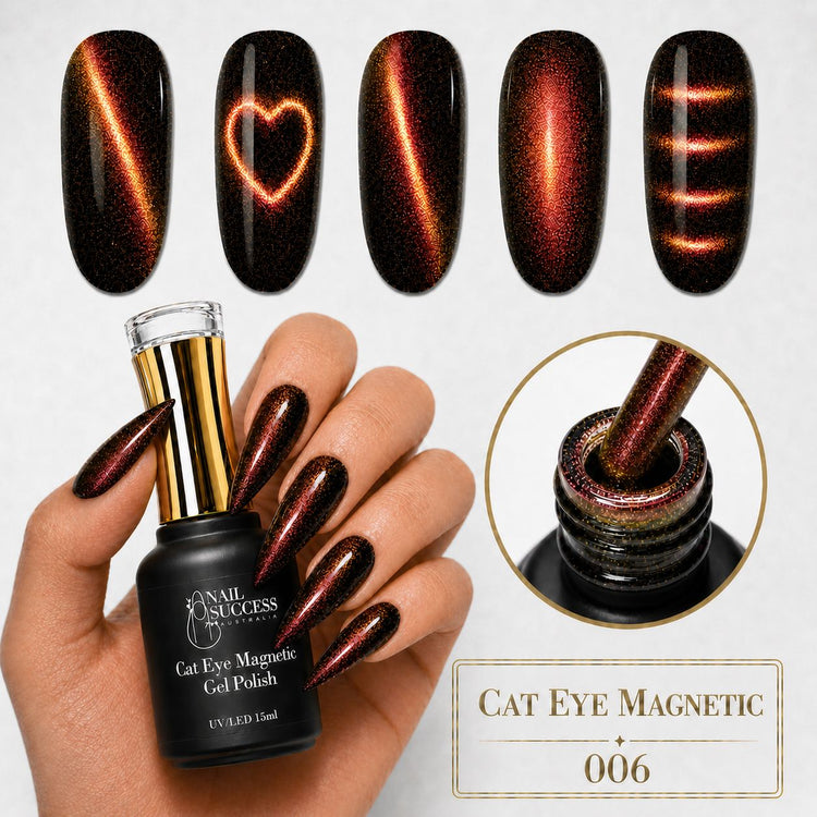 Nail Success Australia Cat Eye Magnetic Gel Polish 006 with orange copper magnetic shimmer swatches, brush, and bottle
