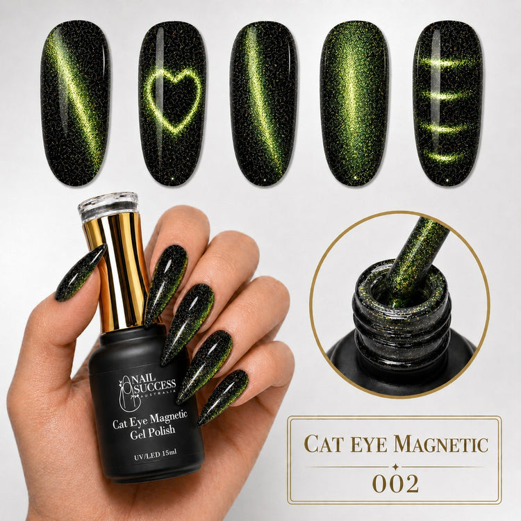 Cat eye magnetic gel polish 002 with black and olive green shimmer, magnetic effect swatches, brush close-up, and matching stiletto nail design
