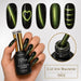 Cat eye magnetic gel polish 002 with black and olive green shimmer, magnetic effect swatches, brush close-up, and matching stiletto nail design