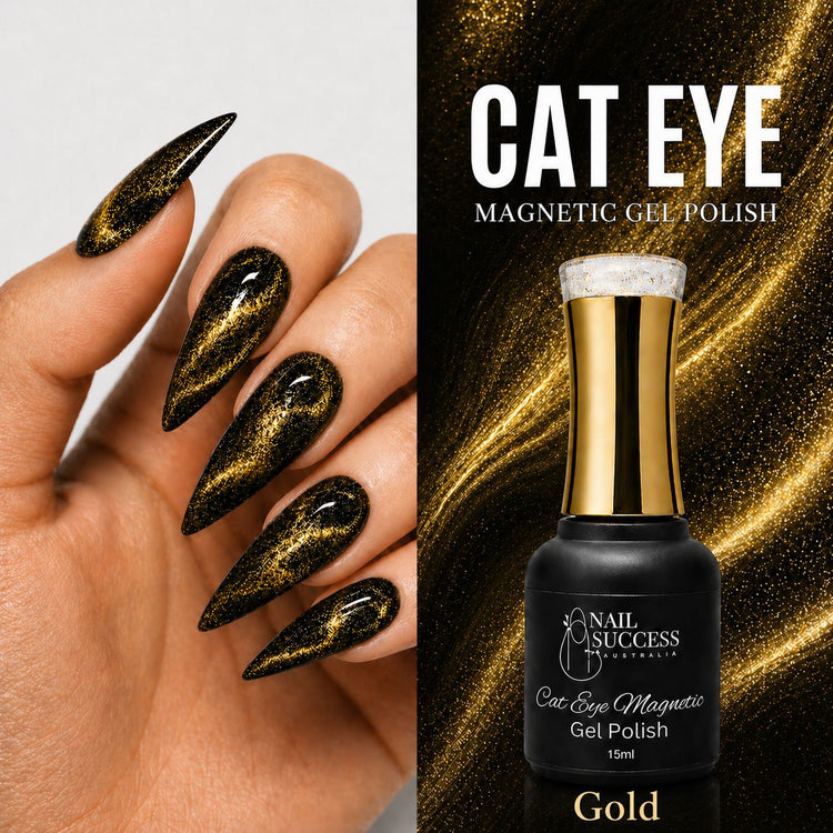 Black cat eye magnetic gel polish shown in use on a hand with long stiletto nails and paired with a matching bottle on a gold shimmer background labeled Gold