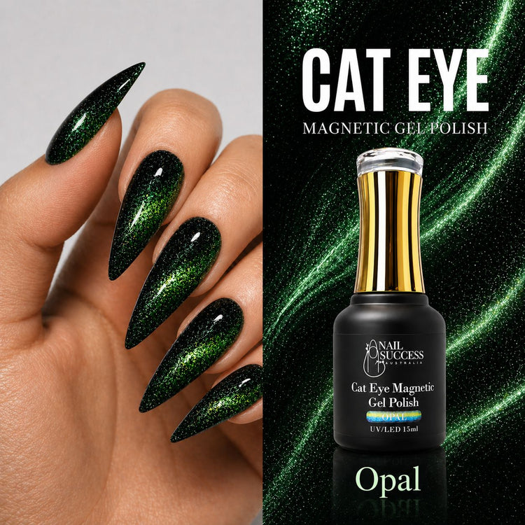 Black cat eye magnetic gel polish shown in use on a hand with long stiletto nails and paired with a matching bottle on a green shimmer background labeled Opal
