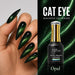 Black cat eye magnetic gel polish shown in use on a hand with long stiletto nails and paired with a matching bottle on a green shimmer background labeled Opal