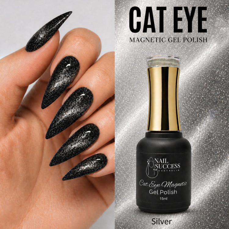 Black cat eye magnetic gel polish shown with a matching manicure on long stiletto nails and a bottle labeled Silver