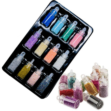 Caviar nail art beads set — 12 colours in mini bottles; microbeads for 3D manicure designs and embellishments