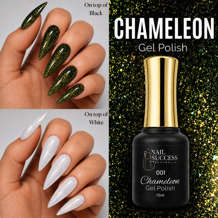 Nail Success Australia Chameleon Gel Polish 001 with gold green colour-shift glitter over black and white nail swatches