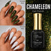 Nail Success Australia Chameleon Gel Polish 001 with gold green colour-shift glitter over black and white nail swatches