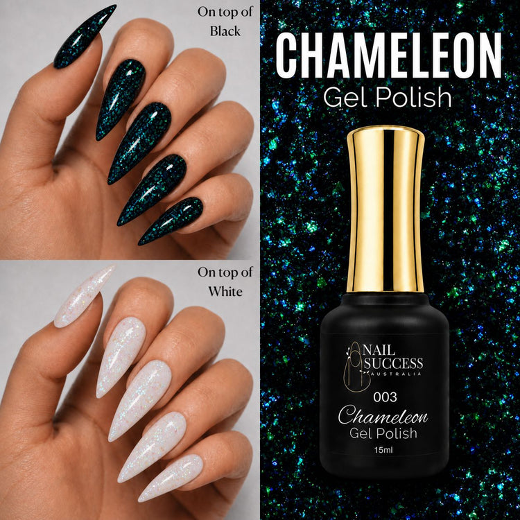 Nail Success Australia Chameleon Gel Polish 003 with colour-shift glitter over black and white nail swatches