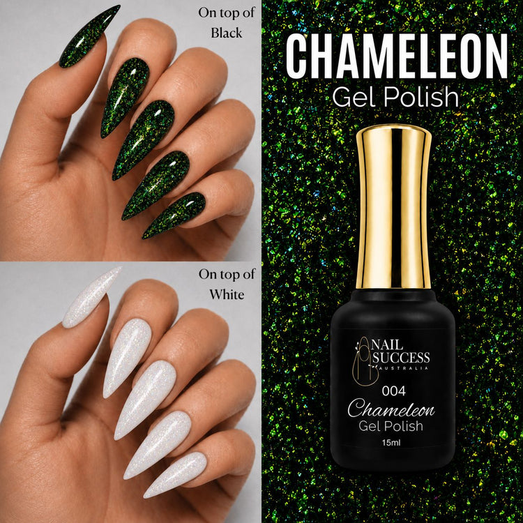 004 Chameleon Gel Polish with green iridescent flake finish over black and white bases
