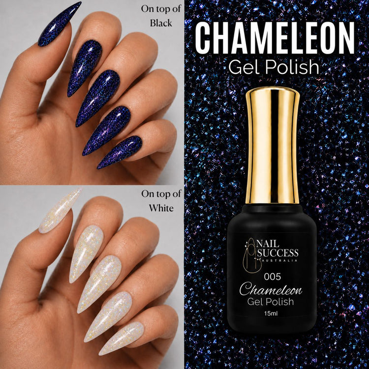 005 Chameleon Gel Polish with blue purple iridescent flake finish over black and white bases