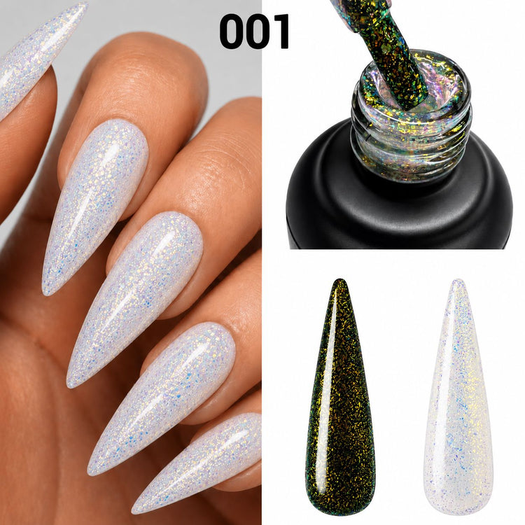 Chameleon Gel Polish 001 with white iridescent nail finish, gold flake bottle brush and black and white swatches