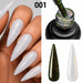 Chameleon Gel Polish 001 with white iridescent nail finish, gold flake bottle brush and black and white swatches