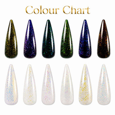 Chameleon Gel Polish colour chart with six colour shifting flake shades shown over black and white bases