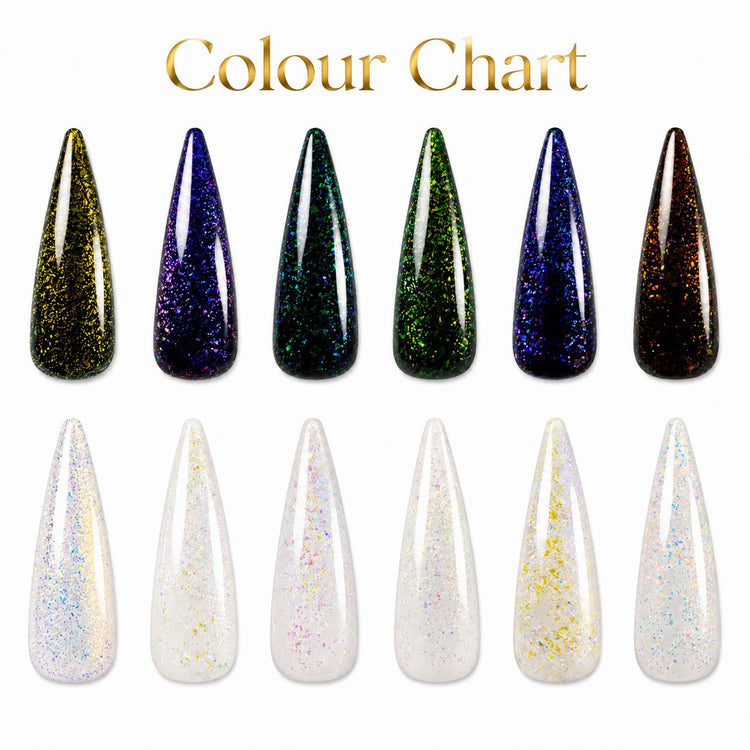 Chameleon Gel Polish colour chart with six colour shifting flake shades shown over black and white bases