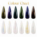 Chameleon Gel Polish colour chart with six colour shifting flake shades shown over black and white bases