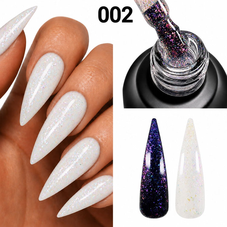 Chameleon Gel Polish 002 with white iridescent nail finish, black glitter swatch and bottle brush