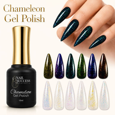 Chameleon Gel Polish bottle with colour shifting flake swatches over black and white bases plus glossy nail example