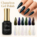 Chameleon Gel Polish bottle with colour shifting flake swatches over black and white bases plus glossy nail example