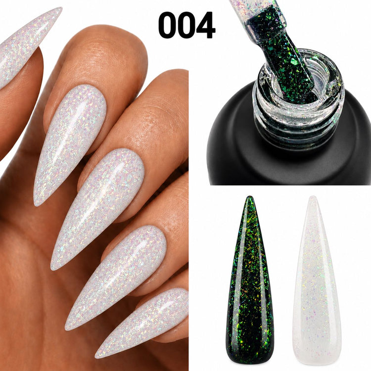004 Chameleon Gel Polish with green gold iridescent flake finish over black and white bases