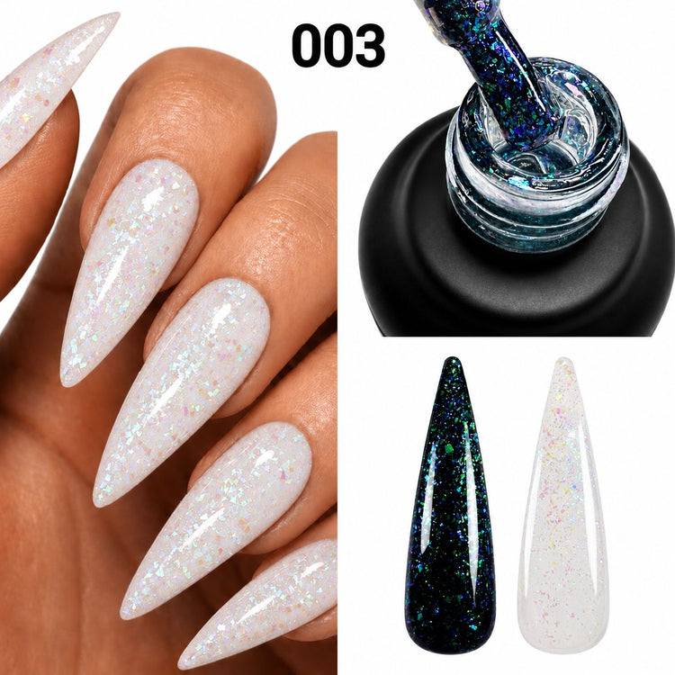 Chameleon Gel Polish 003 with white iridescent nail finish, blue green glitter brush and black and white swatches