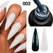 Chameleon Gel Polish 003 with white iridescent nail finish, blue green glitter brush and black and white swatches