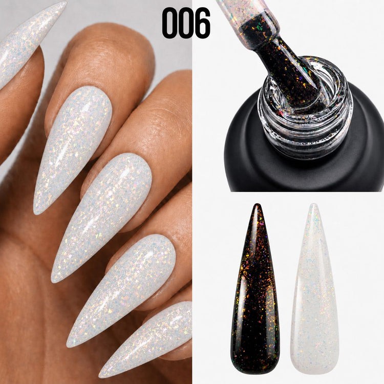 006 Chameleon Gel Polish with orange gold iridescent flake finish over black and white bases