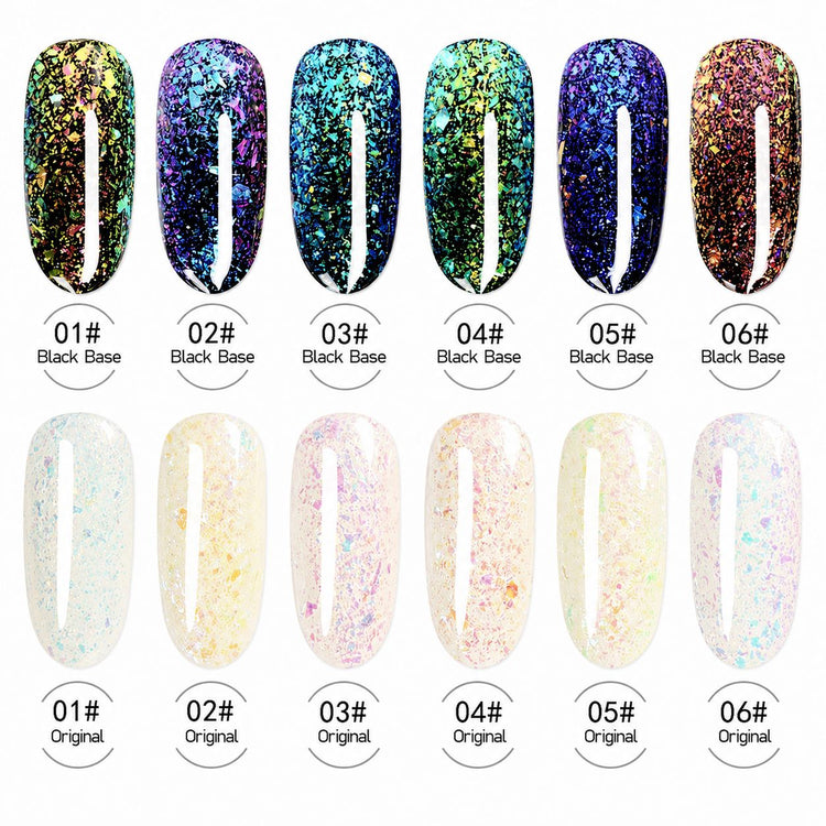 Chameleon Gel Polish colour chart showing six iridescent flake shades over black base and original finish