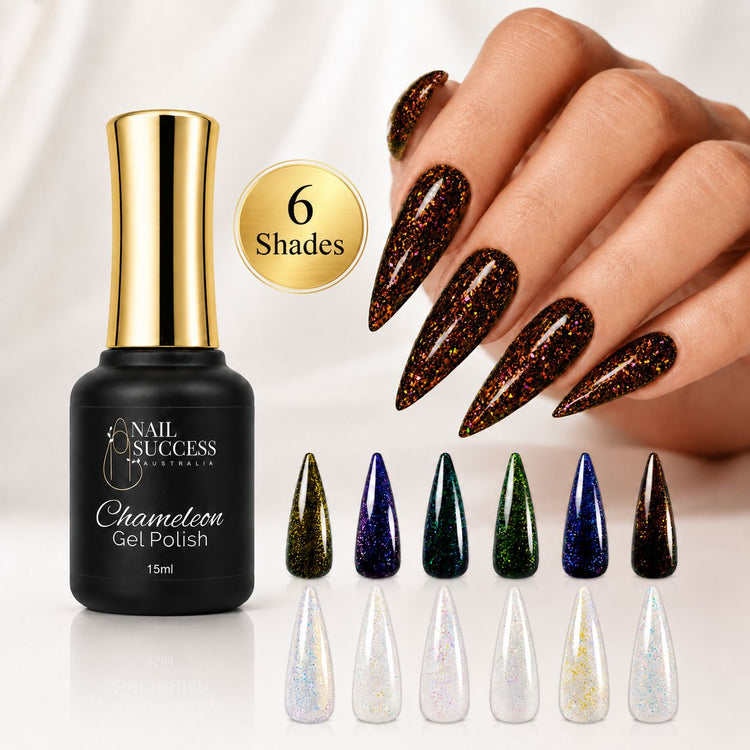 Chameleon Gel Polish 6 shade pack with colour shifting flake swatches over black and white bases
